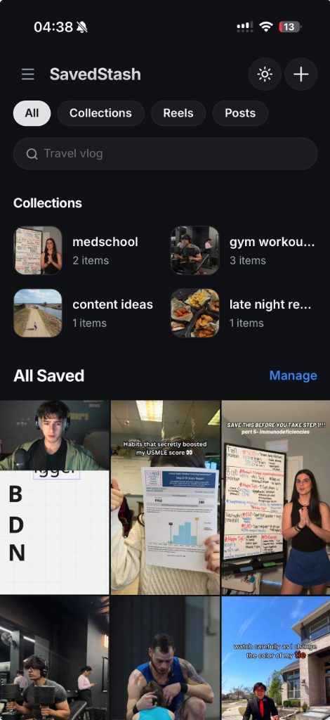 SavedStash searchable reel library interface